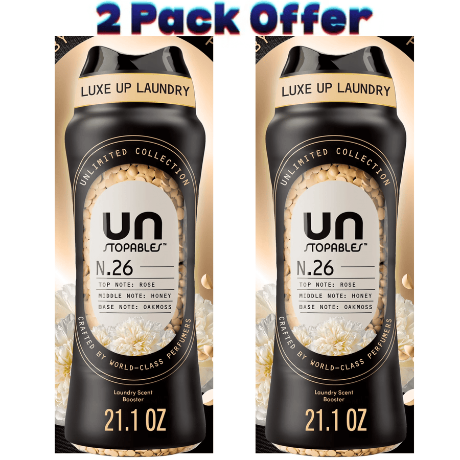 Two UNSTOPABLES N.26 in-wash scent booster bottles side by side with gold-accented black packaging and “2 Pack Offer” header
