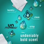 Graphic teal background with droplets and laundry imagery promoting Unstopables scent described as clean, crisp and laundry.