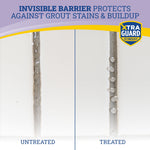Close-up split image of grout lines showing untreated versus treated with water beading on treated grout