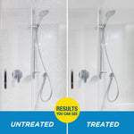 Split before-and-after shower stall image showing untreated left and treated right with central 'results you can see' badge.