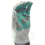 Single gray knit glove displayed upright showing teal silicone grip pattern on the palm