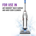 upright Hoover cleaner with water splash graphic and text stating for use in Hoover multi-surface cleaners