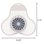 White tri-lobed urinal screen shown with dimensions, radial slats and a visible dark deodorizer block in the center