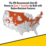 US map graphic highlighting Zone 1 counties in orange with header recommending radon-resistant home features