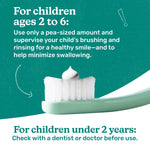 Close-up infographic showing pea-sized toothpaste on a toothbrush with usage directions for children ages 2 to 6
