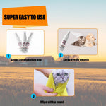 usage guide showing a small white spray bottle, kittens and a puppy being sprayed, and a wet cat being dried with a yellow towel, with steps to shake, spray, and wipe