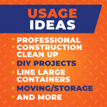 Usage ideas graphic listing applications like professional construction clean up and DIY projects on orange background