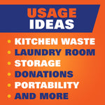Orange usage ideas panel listing 'Kitchen Waste, Laundry Room, Storage, Donations, Portability and More' for the product.