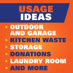 Orange usage ideas panel listing outdoor and garage, kitchen waste, storage, donations, laundry room and more