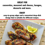 Promotional infographic text about uses and easy-to-grasp edges above a plated serving of cooked chicken wings