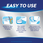 Step-by-step instructional panel showing remove lid, pour crystals into canister, then flush liquid after dissolving