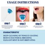 Usage instructions layout with images for step 1 scraper photo, step 2 scraper on tongue, and step 3 rinsing mouth