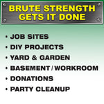 Green and white infographic panel listing uses like job sites, DIY projects, yard & garden, and party cleanup