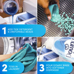 Step-by-step usage collage showing pouring beads, adding laundry, and pouring Downy into dispenser