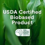 Close-up of green leaves with bold text 'USDA Certified Biobased Product' and USDA certification logo