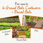 Graphic collage showing in-ground beds, raised beds and potted plants with caption for use in beds and containers