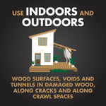 Illustrated house graphic with text 'Use Indoors and Outdoors' and usage guidance for wood surfaces, voids and crawl spaces.