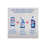 Graphic recommending use of Lysol products for bathroom needs showing three Lysol bottle types with short benefit captions