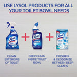 Graphic recommending Lysol products for toilet care with three product images and text describing clean, deep clean, and freshen