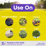 Yellow infographic panel titled 'Use On' showing icons and photos for garbage cans, gardens, flowers, perimeter, shrubs and trees