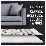 Graphic showing a sofa above layered rugs with text "FOR USE ON: CARPETS, AREA RUGS, COUCHES & MORE" on dark textured background.