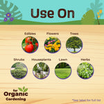 "Use On" infographic showing icons for edibles, flowers, trees, shrubs, houseplants, lawn and herbs for organic gardening