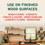 Graphic listing finished wood surfaces like floors, cabinets and tables with a kitchen scene below