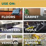 Grid of six use-case photos showing floors, carpet, counters, tools, vehicles and equipment labeled for product use