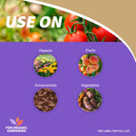 Graphic titled 'Use On' with icons and photos for flowers, fruits, ornamentals and vegetables for organic gardening