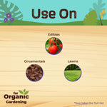 Infographic titled 'Use On' showing icons for edibles, ornamentals and lawns with 'for Organic Gardening' badge