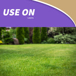 Graphic panel reading 'USE ON' over a photo of a green lawn and garden area