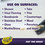 Promotional graphic listing surfaces like shower, countertops, tubs and porcelain where product can be used.