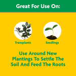 Yellow and green graphic showing circles with plant icons labelled ‘Transplants’ and ‘Seedlings’ and usage copy beneath