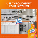 Collage of kitchen surfaces and a partial Lysol Brand New Day bottle with text use throughout your kitchen on orange panel