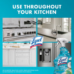 Collage of kitchen area photos and a partial Lysol bottle with logo centered and text 'Use throughout your kitchen'.