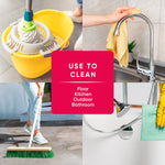 Four images showing cleaning uses: mop bucket, wiping a faucet, sweeping outdoor surface and shower head with central 'Use to Clean' panel
