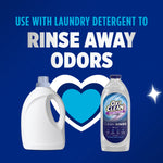 Graphic showing a generic detergent bottle and OxiClean Clean Rinse with text 'Use with laundry detergent to rinse away odors' and heart icon