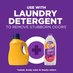 Graphic recommending use with laundry detergent, showing detergent bottle plus ARM & HAMMER Odor Blasters fabric rinse on purple background