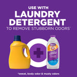 Graphic showing yellow detergent jug plus ARM & HAMMER Odor Blasters bottle with text recommending use with detergent