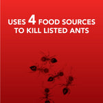 Red gradient graphic panel reading “Uses 4 food sources to kill listed ants” with ant illustrations