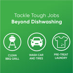 Green infographic panel listing uses beyond dishwashing with icons for grill cleaning, car washing and pre-treating laundry