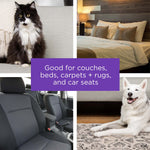 Collage showing rooms and pets with caption stating product is good for couches, beds, carpets, rugs and car seats