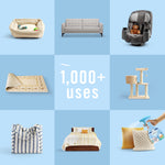 Grid of household items showing many uses for fabric spray with a small bottle image