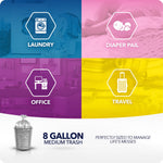 Four-quadrant graphic showing recommended uses: laundry, diaper pail, office, and travel with icons and 8 gallon label.