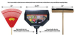 Infographic-style image showing measurements and comparisons of a wide black utility dust pan between rake and broom illustrations
