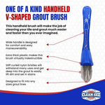 Blue V‑shaped handheld grout brush on white patterned background with callouts describing handle, bristles and durability.