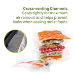 Stack of various foods sealed in clear vacuum bags with close-up of textured cross-venting channel and explanatory text