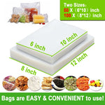 White stacked vacuum sealer bag pads shown with dimensional measurements and food icons on a white background