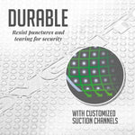 Close-up macro graphic of textured vacuum bag surface with inset diagram showing suction channels and airflow