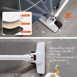Top view of vacuum head rotating 90° with inset showing suitability for tiled, wooden and stone floors and carpet cleaning note.